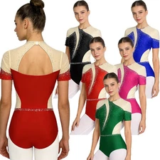Women Dancewear Back Bodysuit Ballet Leotard Cutout Figure Skating Patchwork