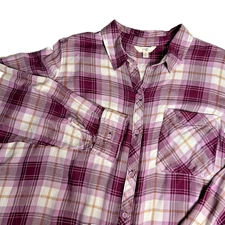 Terra Sky Womens 3X Plaid Button Down Shirt Long Sleeve Purple White Yellow NEW