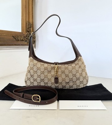 Gucci Jackie 1961 schmale kleine Leder Canvas Schultertasche UVP 1.550 £ AUTHENTISCH
