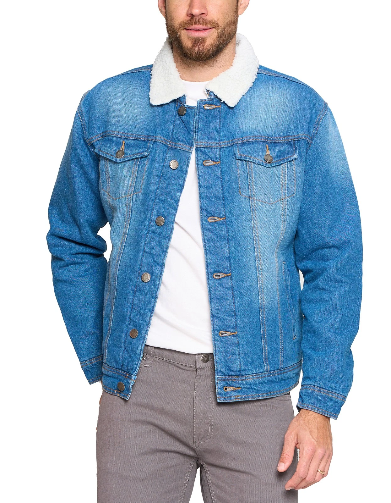 Men’s Sherpa Lined Cotton Denim Jean Button Up Trucker Jacket (Dark Blue, Small)