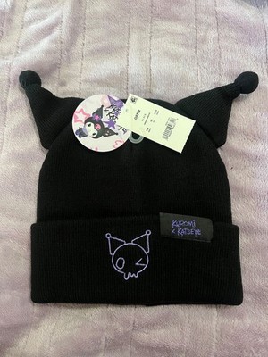 Kuromi x KATSEYE Black Beanie Hat Women One Size Cat Ears Pom Poms
