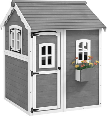 Playhouse for Kids, Outdoor Wooden Playhouse with Floor, Door, Windows & Planter