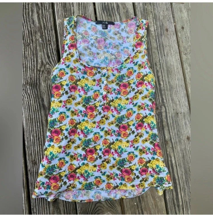 Camiseta sin mangas vintage para mujer Y2K XXI Forever 21 azul y arco iris floral talla mediana Foto 2 de 4