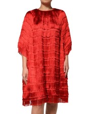 Dolce & Gabbana Red Silk Tiers Fringe Shift Knee Length Women's Dress Authentic