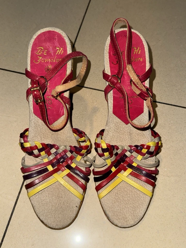 Tacones vintage famosos para mujer 8,5 M cuero rojo tiras onduladas cuña vintage Be-Hi Foto 2 de 4