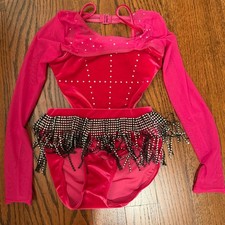 Weissman Dance Costume MC Medium Child Pink Velvet Rhinestone Fringe Jazz