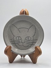 Stoneware Cat Bowl Cream Speckled Glaze Cat Face Etched Inside Signed