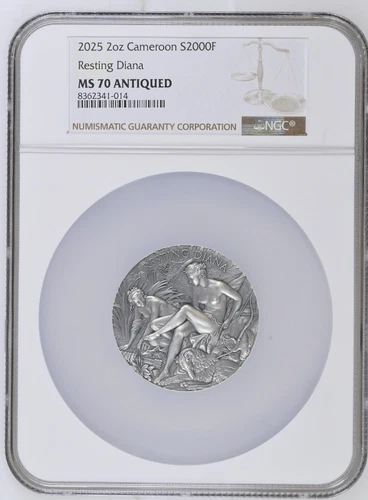 Resting Diana Celestial Beauty 2 oz Silver Coin CFA Cameroon 2025/MS70 NGC