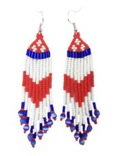 HANDMADE PATRIOTIC RED WHITE BLUE BEADED FLAG COLORS LONG EARRINGS E57/1