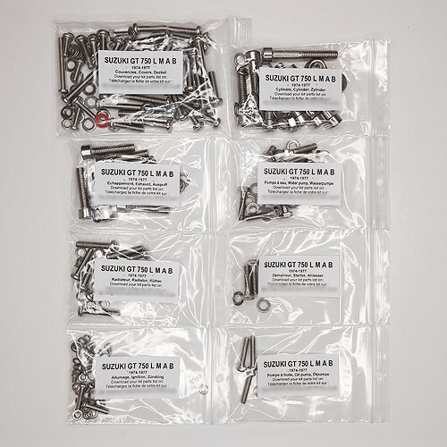 Kit vis moteur Suzuki GT 750 inox pour modèles L M A B 1974-1977