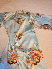 VTG Ichiban Blue Asian Oriental Floral Japan Kimono Open Front Robe -35" Length