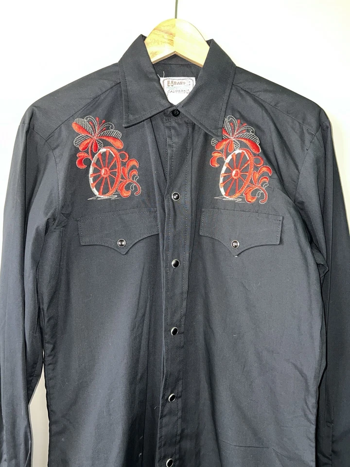 H Bar C California Ranchwear Vaquero Americano Perla A Presión Negro Años 70 Bordado Foto 2 de 4