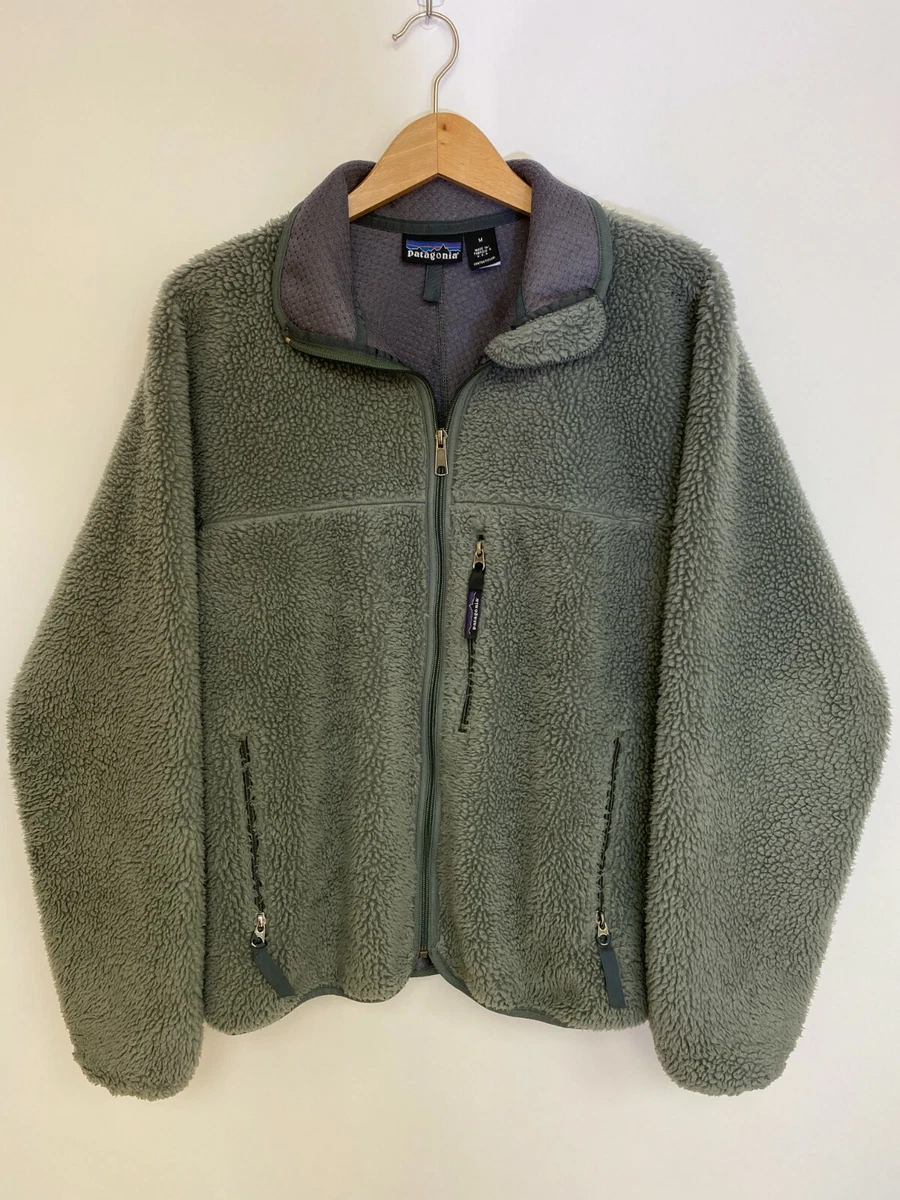 PATAGONIA VTG 1999 Retro X Cardigan Green Grey Deep Pile Sherpa Fleece - M
