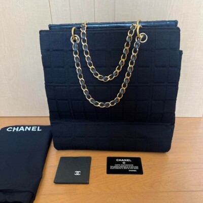 Auth Chanel Chocolate Bar CoCo Mark Chain Tote Bag Black Handbag