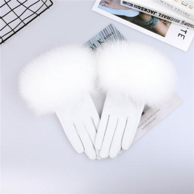 Women's Real Sheepskin Leather Gloves Fox Fur Cuffs Mittens Winter Warm Glove 