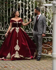 Vintage Burgundy Velvet Wedding Dresses Applique Off Shoulder Long Bridal Gowns