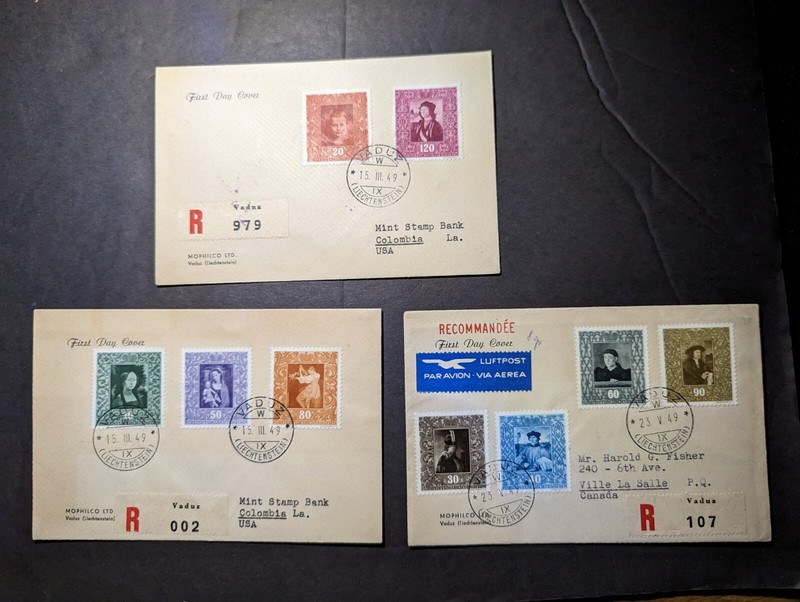 Lot of 3 1949 Registered Liechtenstein First Day Cover FDC Vaduz to LA USA