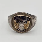 Vintage Union UAW Local 599 25 Years 10K Gold Emblem Sterling Ring Size 12.25