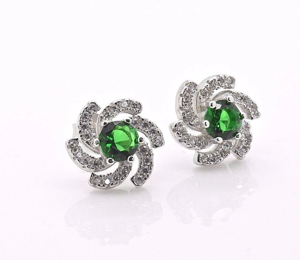 925 Sterling Silver Flower Simulated Green Emerald Halo Pave Post Stud Earrings - Image 4 of 4