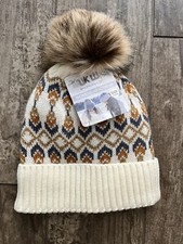 Muk Luks Women  s Knit Ivory Tan Nordic Warm/cozy Lined Pompom New OSFA