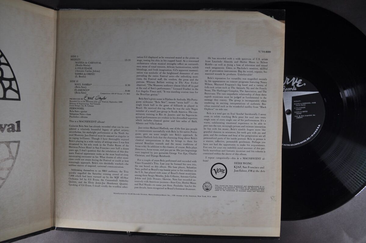 BOLA SETE AT THE MONTEREY JAZZ FESTIVAL JAZZ LP VERVE ORIG BOLA SETE AT THE MONTEREY JAZZ FESTIVAL JAZZ LP VERVE ORIG