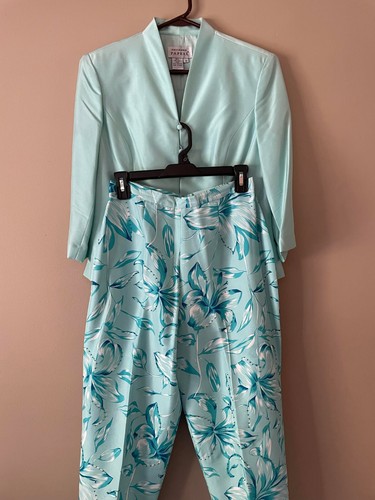 Adrianna Papell 100% Silk Aqua Floral Blue 2 pc Spring Pant Suit Beaded Sz 8 - Picture 5 of 11