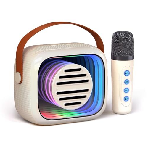 YF93 Mini Karaoke Machine for Kids, Portable Bluetooth Speaker Beige with 1 Mic