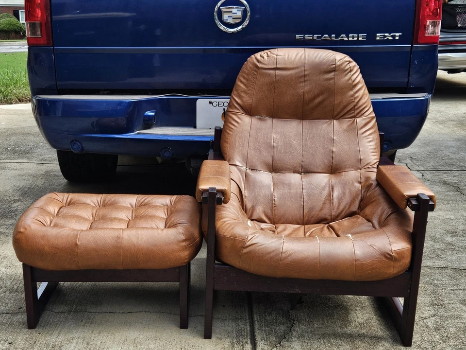 Percival Lafer Brazilian Wood Vinyl Lounge Chair & Ottoman AS-IS - Image 2 of 4