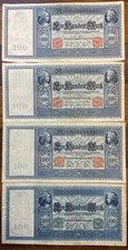 Germany Four(4) 100 Mark Banknotes 1908,1909,1910 Red Seal 1910 Green Seal Large