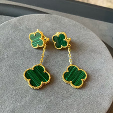 Clover Green agate dangle Earrings 925 silver gold plated
