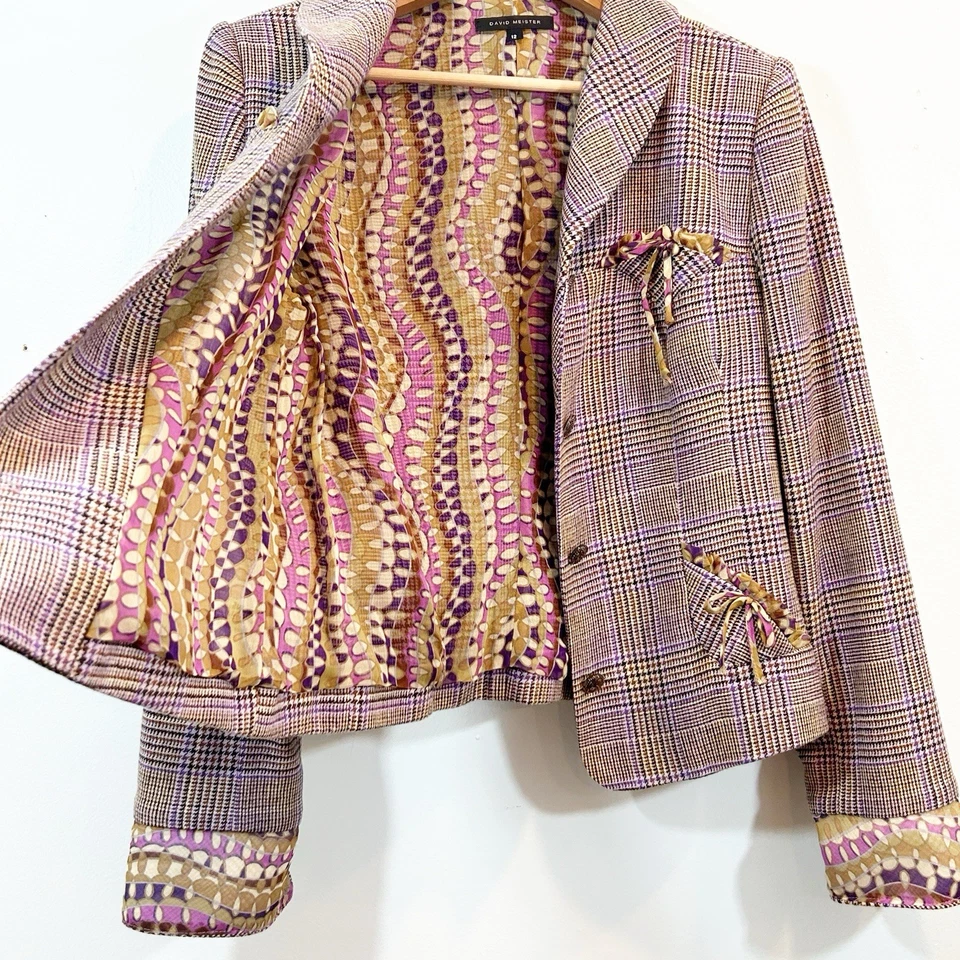 Blazer Falda Traje David Meister A Medida Púrpura Dorado Cuadros Lana y Seda Talla 12 Foto 3 de 4