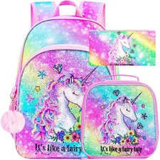 3PCS Kids Unicorn Backpack for Girls, 16" sequin Bookbag with Lunch Box, Scho...