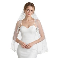1 Tier Wedding Veil Fingertip Length Pearl Edge with Comb