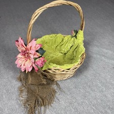 Handmade Design Flower Girl Wicker Basket with Handle Pink Dahlia Burlap Ribbon