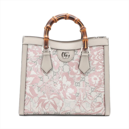 Gucci Bamboo Diana Embroidery×leather Hand bag gray x pink 853226 Limited to Jap