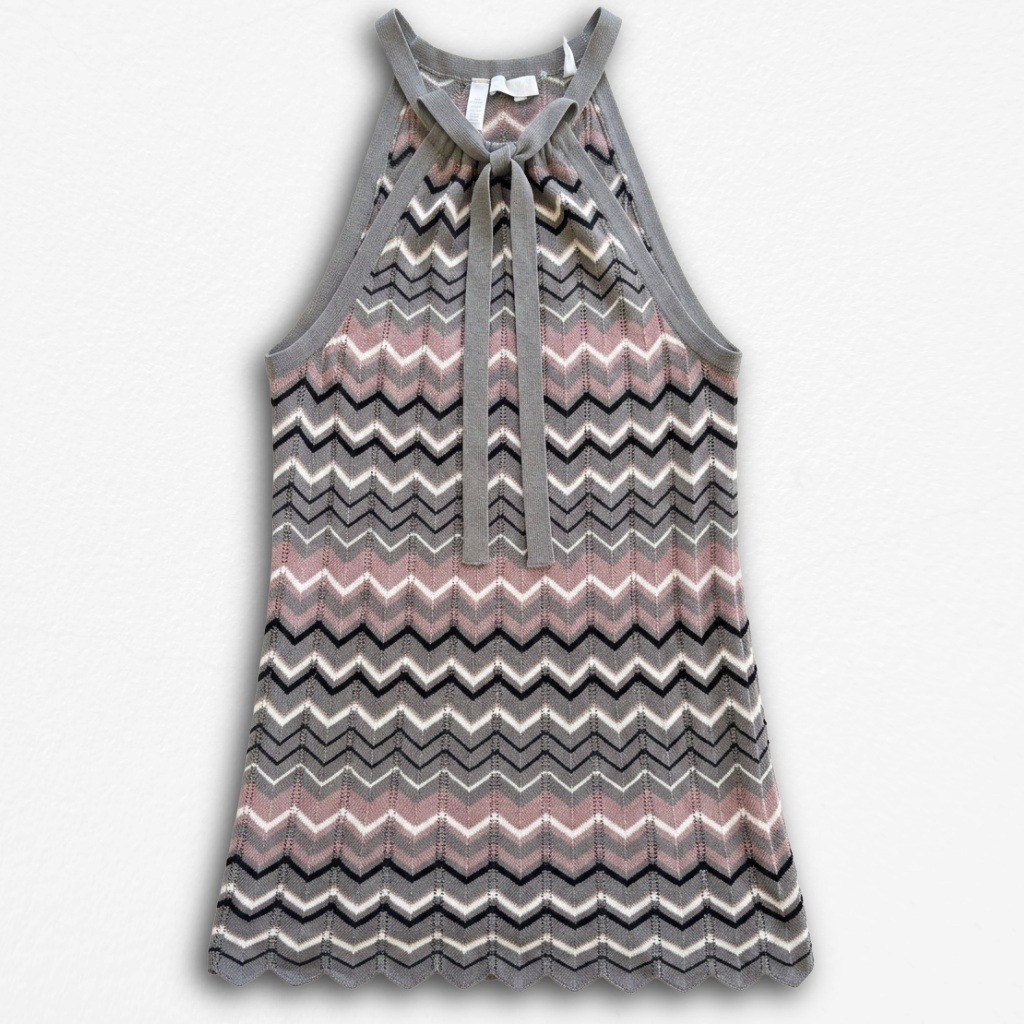 Halter Neck Chevron Knit Mini Dress Grey Pink Zig Zag Scalloped Hem Sleeveless