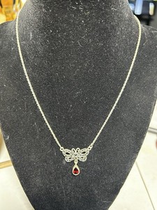 Marcasite Butterfly Necklace With Ruby Colored Stone Marked .925