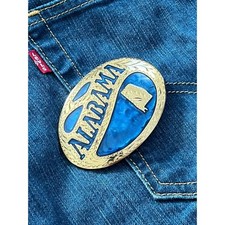 Vintage Award Design Metals Alabama Belt Buckle, Gold Tone Blue Inlay, USA Made