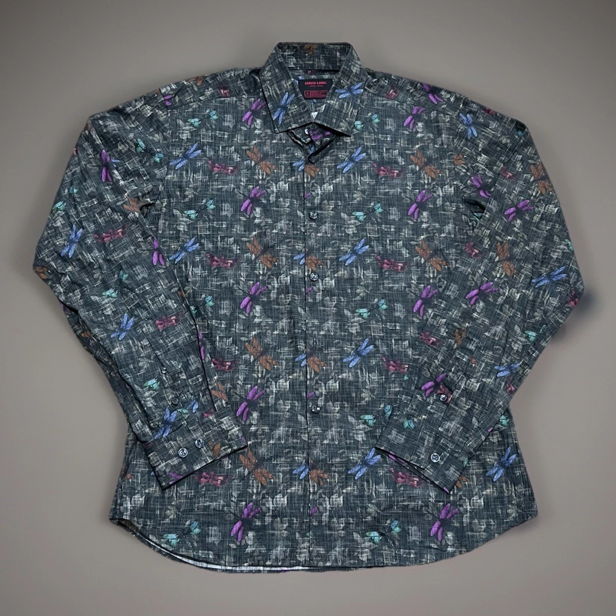 JARED LANG After Hours Mens Large Slim Fit Dragonfly Floral Print Dark Green