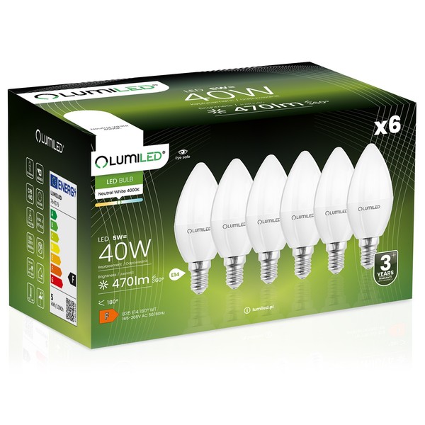 6X Led-GlüHbirne E14 Kerze B35 5W = 40W 470Lm 4000K Neutralweiß 180° Lumiled-image