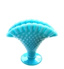 Vintage Fenton 1950s Turquoise Blue Hobnail Milk Glass Ruffled Mini-Fan Vase