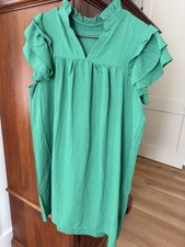 SHEIN Green Solid Textured Shift Mini Dress Ruffle Sleeve Round Neck L