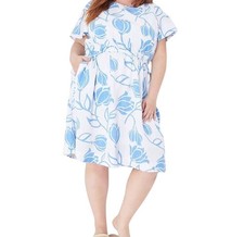 Lane Bryant Floral Midi Linen Summer Dress Size 24 White Blue Tropical Hawaiian