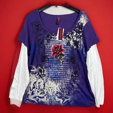 Vtg Gitano Layered Long Sleeve Shirt Women 2x 18/20w Y2K Floral Bling Casablanca