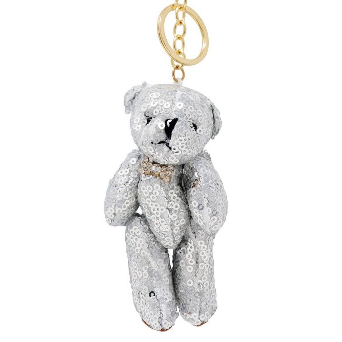 Silver Sequin Jointed Stuffed Teddy Bear Key Ring Bag Charm