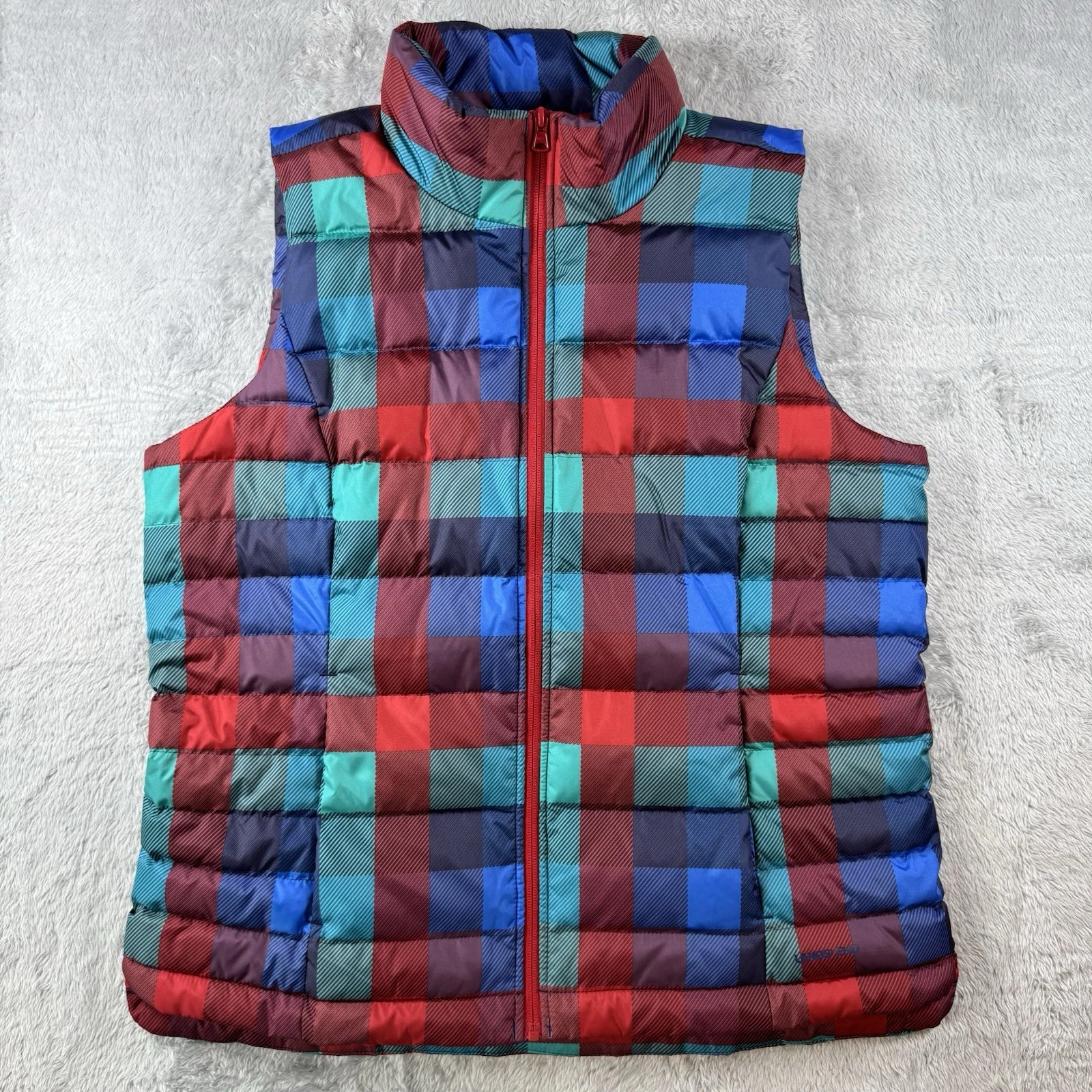 Lands’ End Down Puffer Vest Womens Large Plaid Red Blue Green Full Zip