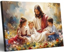 Framed Jesus with Children Canvas Wall Art Jesus Teaching Kids Bible Gospel P...