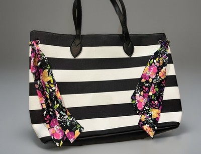 Tote Purse School Office Large Black White Stripes Flower Print Bows Large (8)
