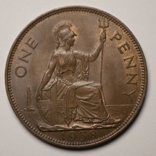 1938 One Penny Coin King George VI British United Kingdom - Excellent Grade