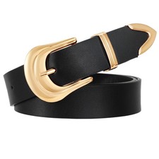 Women's Leather Belt Plus Size Ladies Western Belt Silver Gold Buckle Black W...